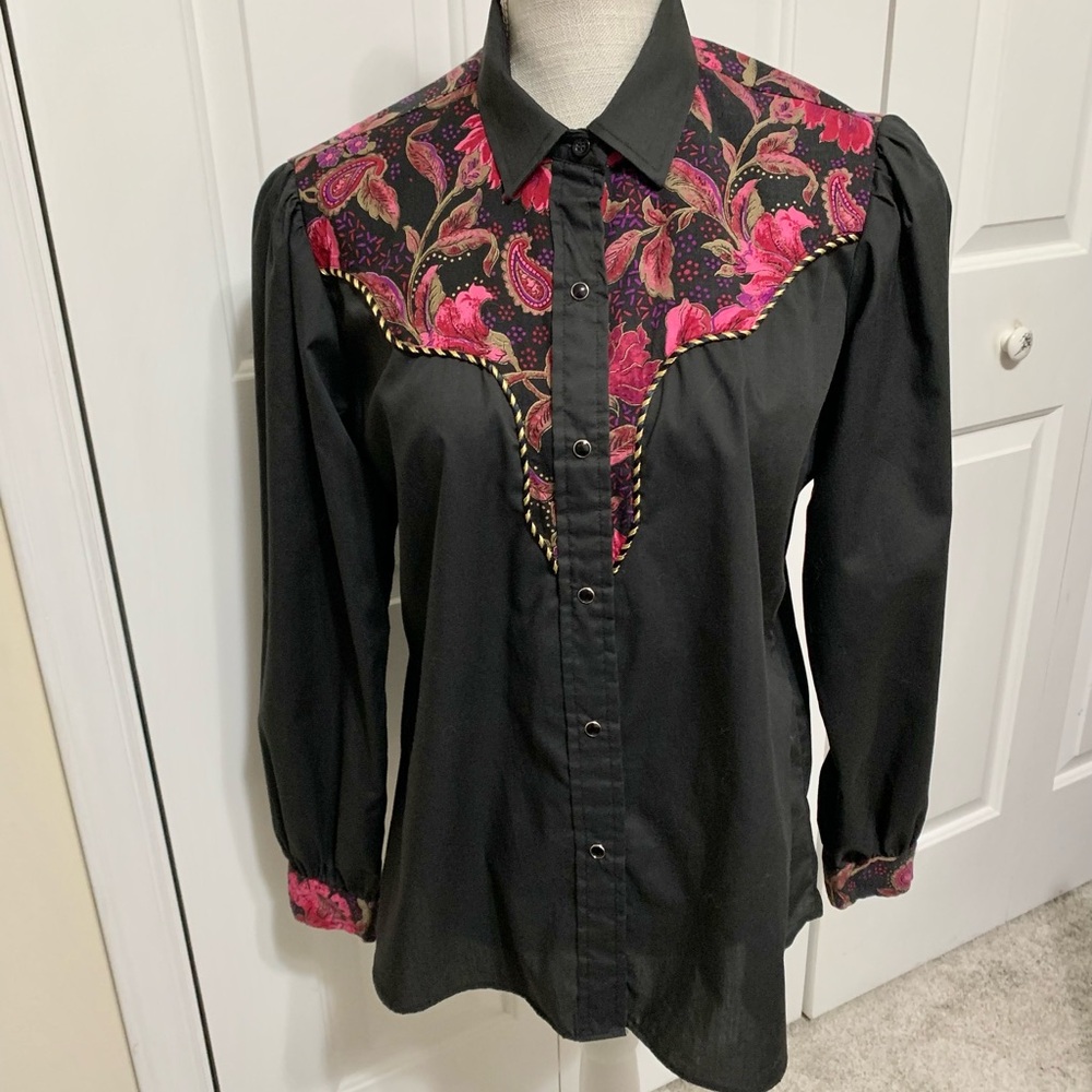 Karman Western Vintage Kenny Roger’s Shirt Black Floral - Womens 15/16 - L - Picture 3 of 10
